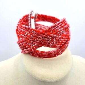 Afrocentric Beaded Cuff Bracelet / Red